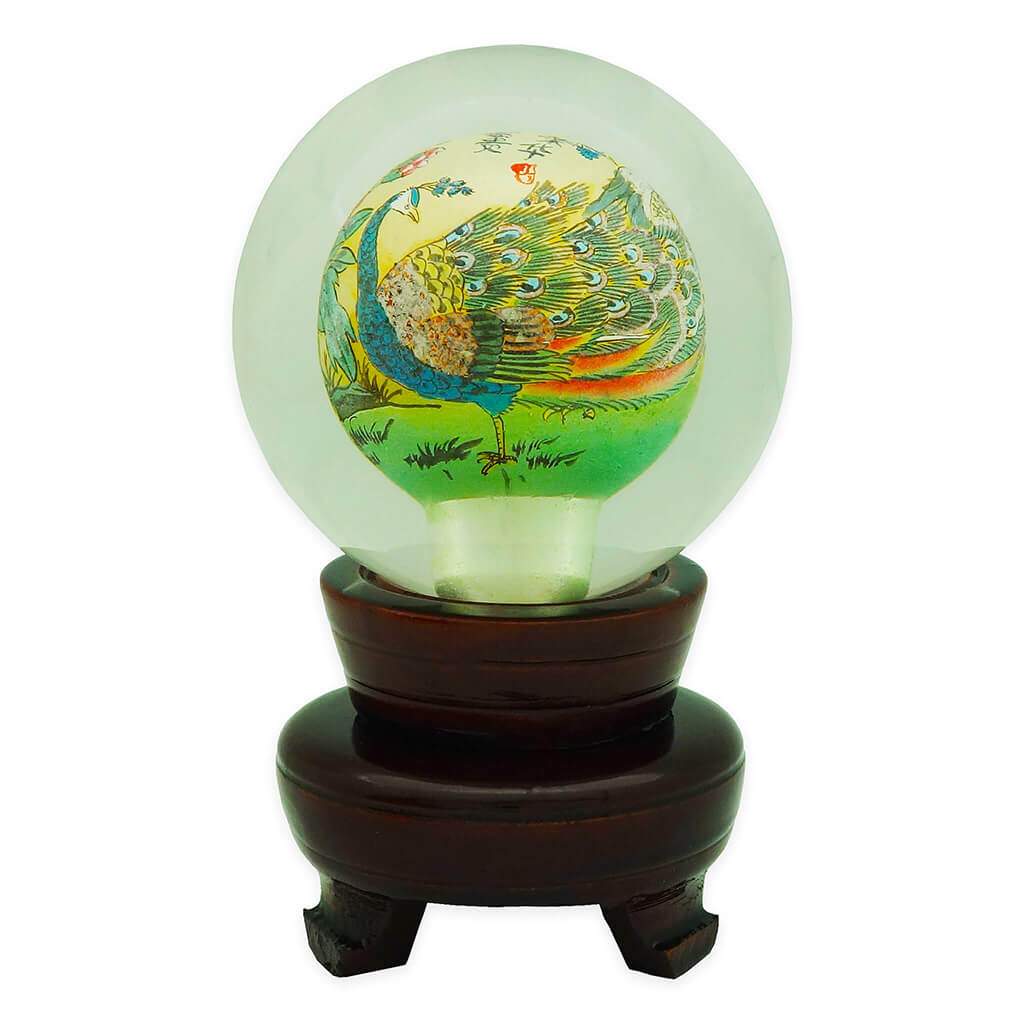 Crystal Ball with 3-Dimensional Peacock with Peonies Picture (For Enchanted Beauty)