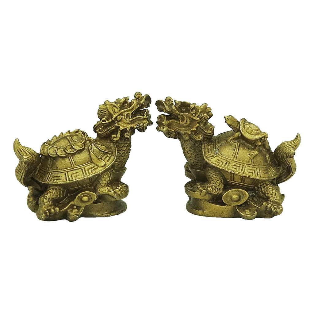 Bronze Pair of Dragon Tortoises with Child and String of Coins on Wealth Bed